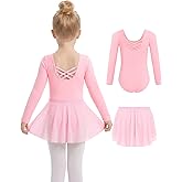 Gogokids 2PCS Long Sleeve Dance Leotards with Removable Skirt, Toddler Dance Dress for Ballet Class & Performance 3-11Years