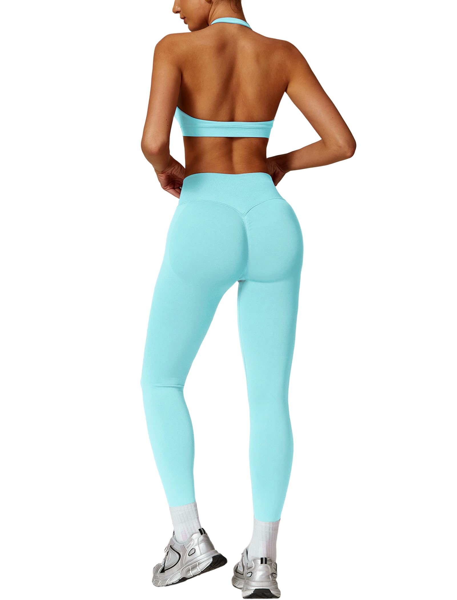 View 1 of ABOCIW Workout Sets for Women Seamless High Waist Scrunch Butt Lifting Gym Leggings Yoga Pants Halter Sports Bra Yoga Exercise 2 Piece Outfits Mint Green Medium