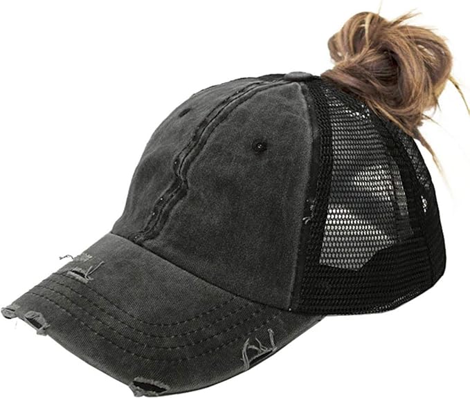 Distressed PonytailHats for Women Baseball Buns Mesh Ponycap Dad Hat