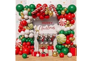 Beaumode Christmas Balloon Arch Garland Kit 160pcs Red Green Gold Balloons With Candy Cane Swirl Foil Balloons Xmas Merry Christmas Friendsmas Santa Claus Ugly Sweater Party Decoration (Green)