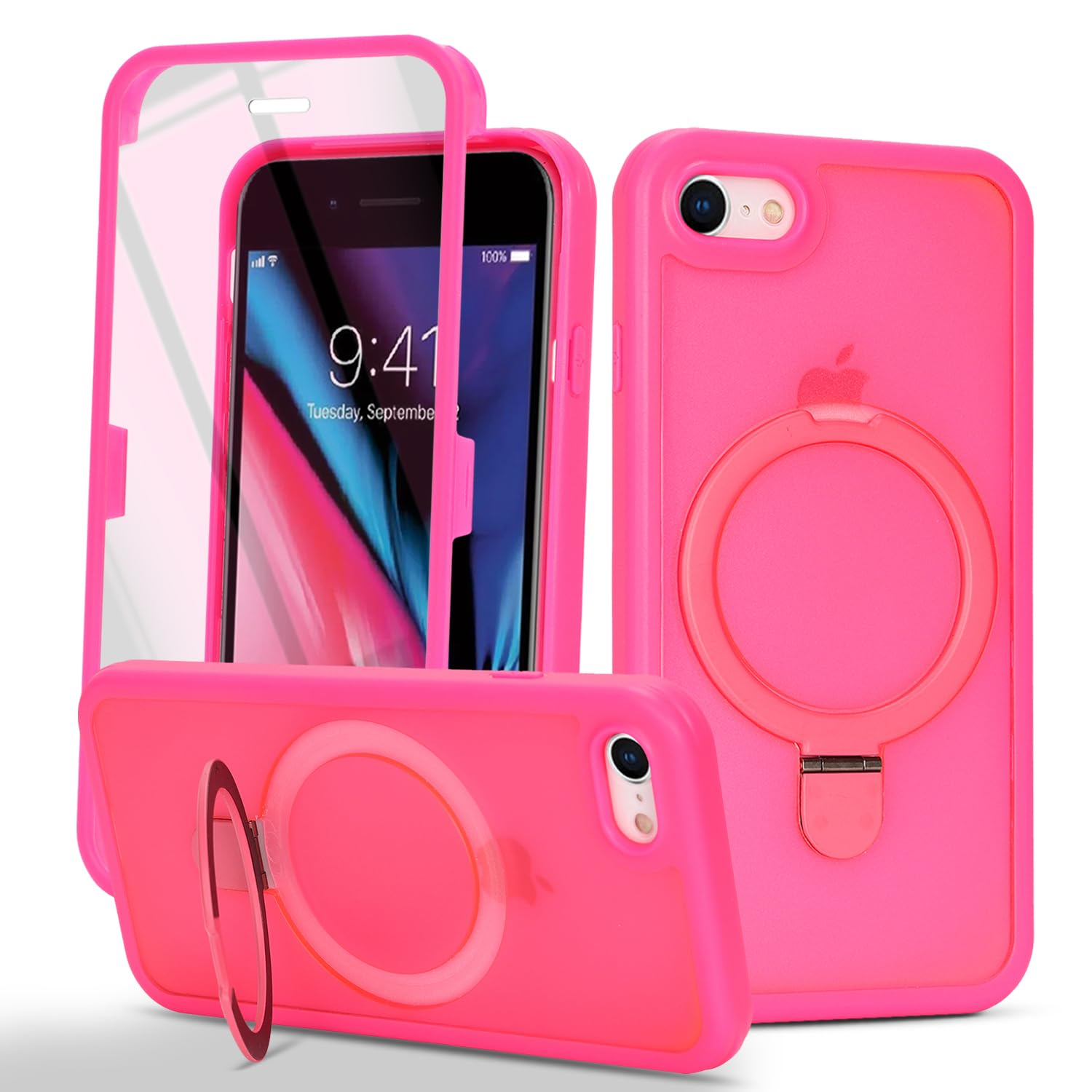 for iPhone SE 2020/2nd/2022/3rd Case with Magnetic Ring Stand and Built-in Screen Protector,for Apple iPhone 7/8 Phone Cases with 360 Full Body Protective and magsafe for Men Women Gril-Rose Red