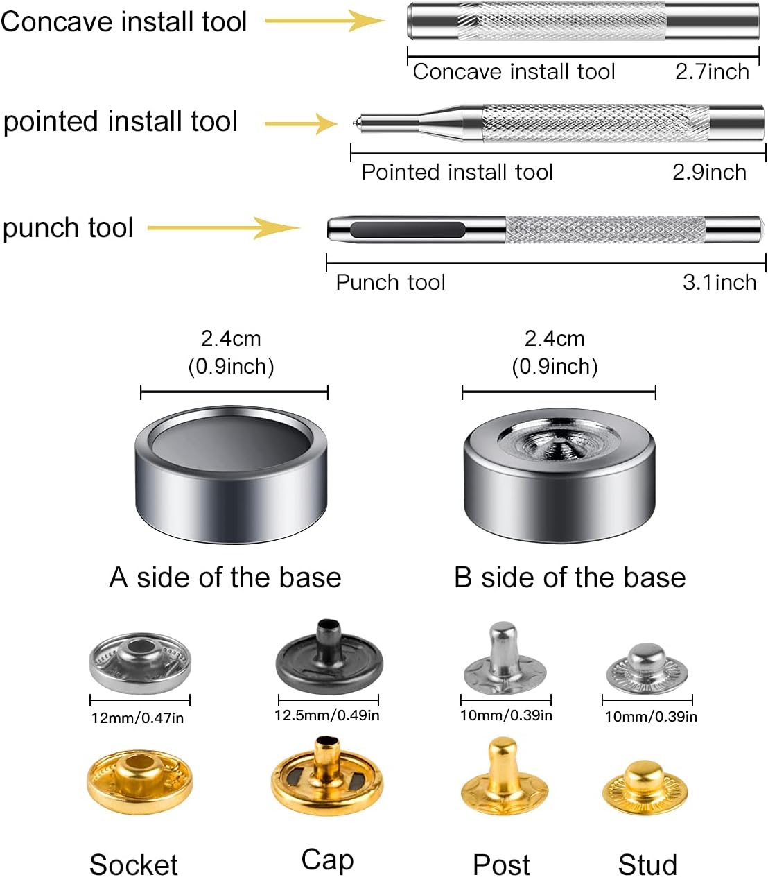 132 Sets Leather Snap Fasteners Kit, MSDADA 12.5 mm Metal Snaps Buttons Press Studs Tool with 4PCS Fixing Tools, Sewing Snaps for Clothes Leather Craft Bracelets Jeans Wears Jackets Bags Belt