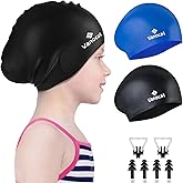 Vanocat 2 Pack Kids Swimming Cap Short/Long Hair, Unisex Silicone Swimming Hat for Age 3-15 Children Toddler Teen, Waterproof