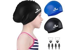 Vanocat 2 Pack Kids Swimming Cap Short/Long Hair, Unisex Silicone Swimming Hat for Age 3-15 Children Toddler Teen, Waterproof
