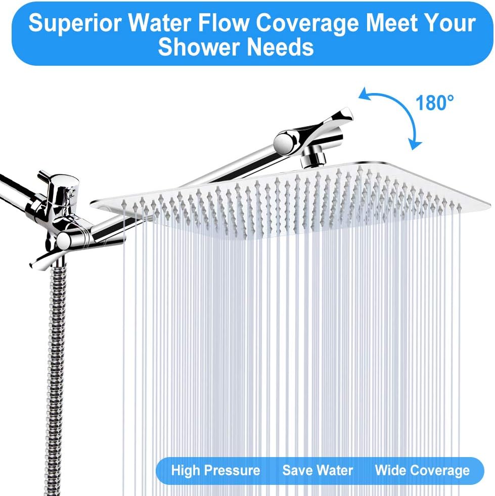 Kaqinu Shower Head, 8'' High Pressure Rainfall Shower Head / Handheld Showerhead Combo with 11” Extension Arm, Anti-leak Shower Head with Holder/ Hose, Flow Regulator, Chrome - - 