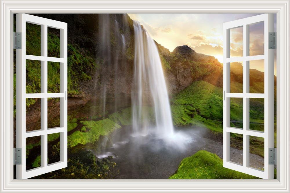 3D Vinyl Wall Decals Nature Waterfall Wall Sticker Window View Removable Wallpaper Adhesive Peel and Stick for Bedroom Living Room Decor Art- 32"x48"