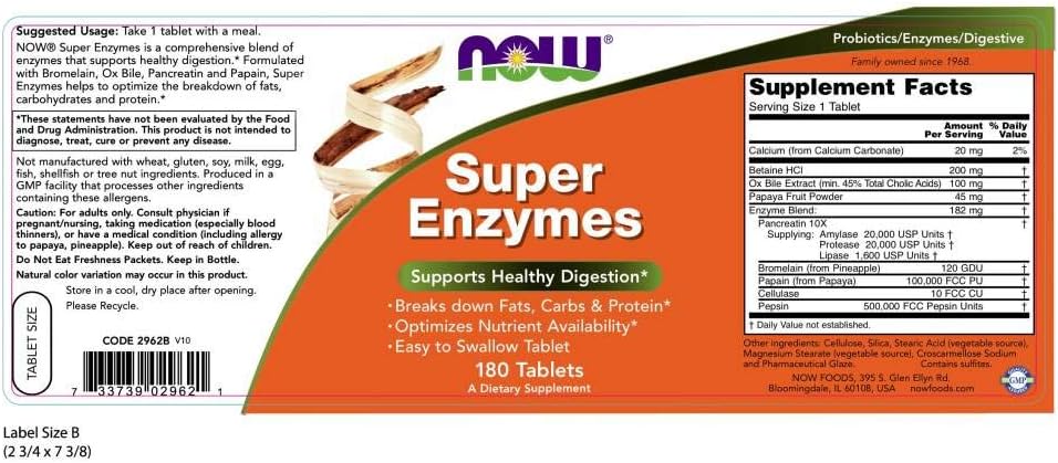NOW Supplements, Super Enzymes, Formulated with Bromelain, Ox Bile, Pancreatin and Papain, Super Enzymes, 180 Tablets: Health & Personal Care