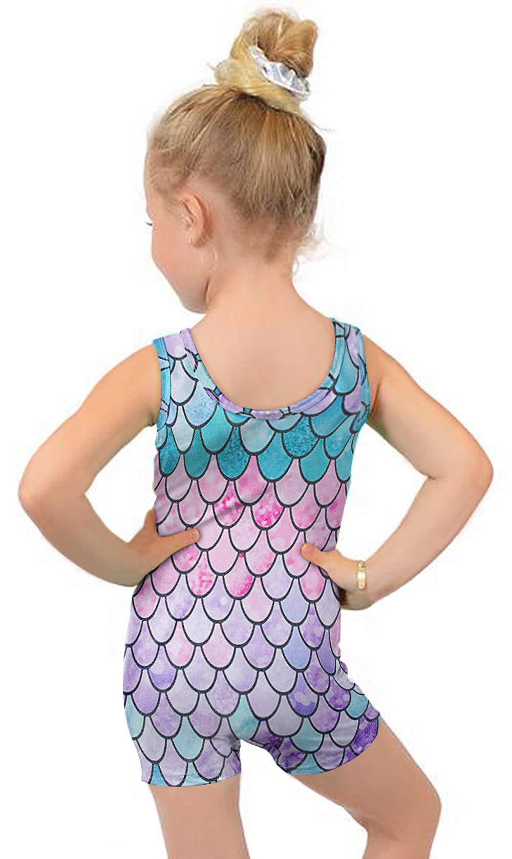 Toddler Girls Sparkly Leotards Green Pink Purple Mermaid Fish Scale 3t 4t Sleeveless Dancewear Clothes with Shorts Style Gymnastics Unitard Biketard for Kindergarten School