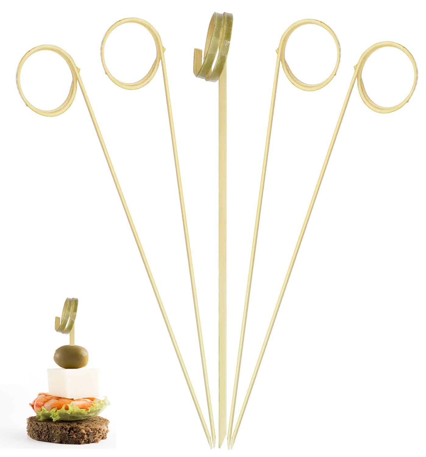 EXNIMA 50 Pieces, Bamboo Sticks for Cocktails and Skewers, Original Accessories for Parties and Barbecues, Reusable Wooden Sticks, Kitchen Utensils (9 cm, Spiral Pack 50)