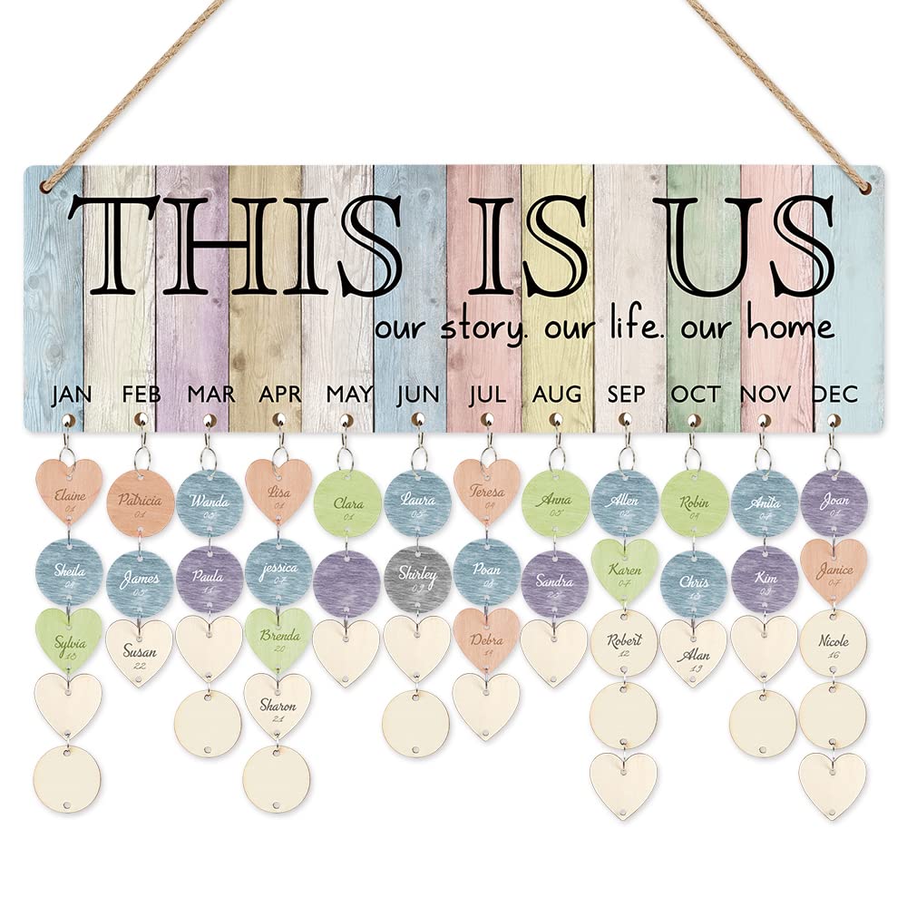 CHDITB This Is Us Family Birthday Reminder Calendar Board,Birthday Reminder Wall Hanging(16"x5") DIY Birthday Gifts for Family,Wooden Family Birthday Calendar Wall Hanging with 100 Heart/Circle Tags