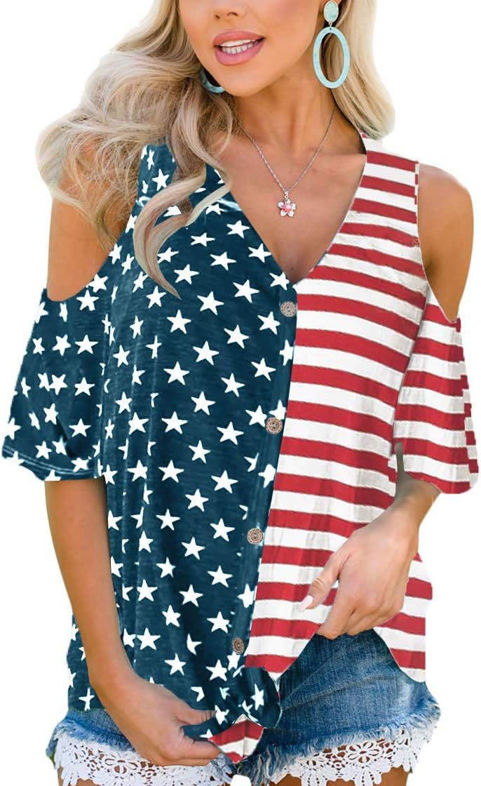 Spadehill Women's Cold Shoulder Button Down Knot Front Short Sleeve Blouse