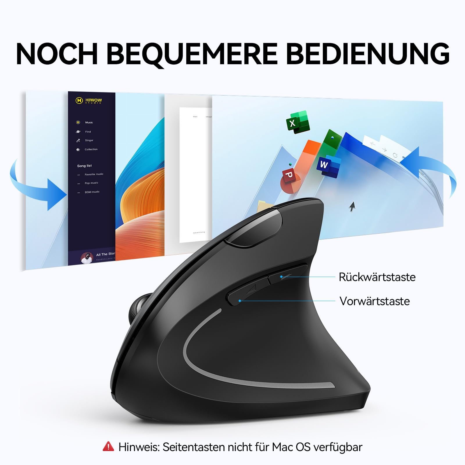 TECKNET Ergonomische Maus, Kabellose Bluetooth Vertikale Maus(BT 5.0+BT 3.0+2.4G), 6 Einstellstufen bis 4800 DPI, Optisch Leise Wireless Mouse für Laptop/PC/Mac/Tablet/iPad(Win/Android/iOS), 6 Tasten 7