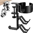 POWNEW 4 in 1 Desk Cup Holder with Headphone Hanger and Controller Stand Gaming Accessories, Universal Adjustable & Rotating Upgraded Arm Clamp for Coffee Mugs, Water Bottles, Headphones, Controller.