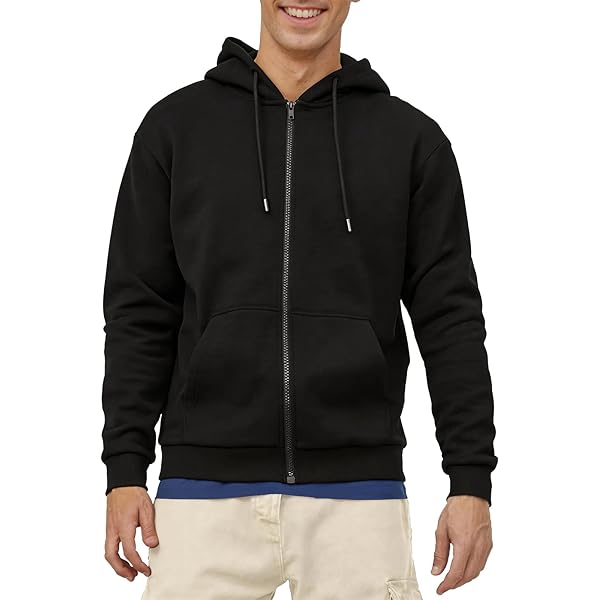 LINMYZAI Black Men's Full Zip Hoodie Fleece Long Sleeve Hooded
