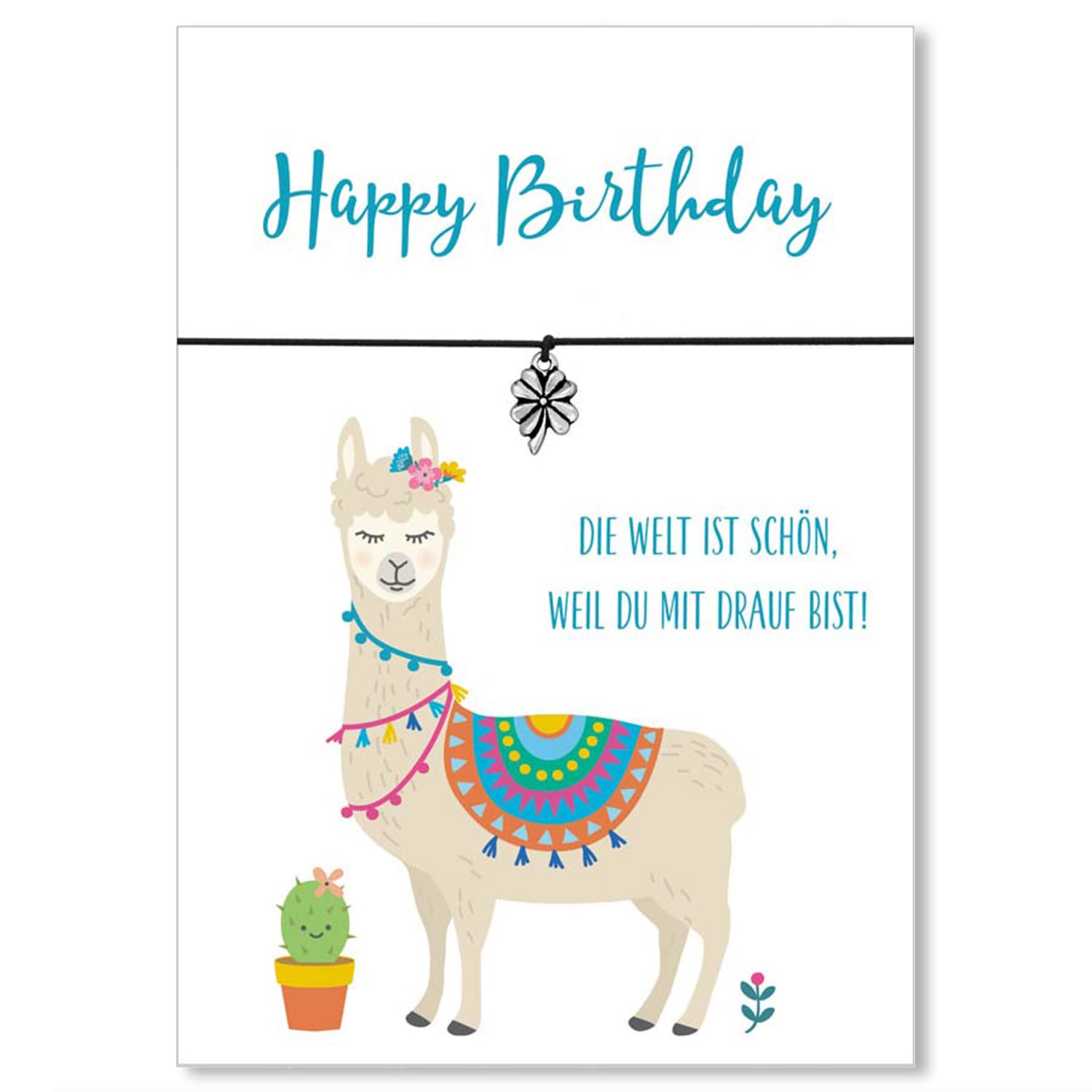 Glücksschmiedin Happy Birthday Bracelet with Lucky Clover Pendant, Silver-Plated, Elastic Fabric Band in and Lama Birthday Card Black