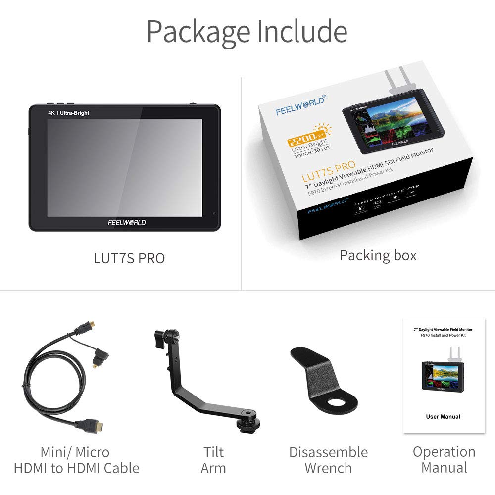 FEELWORLD LUT7S PRO 7 Inch Ultra Bright 2200nits DSLR Camera Field Monitor 3D LUT Touch Screen HDR Waveform F970 External Kit 4K HDMI 3G-SDI