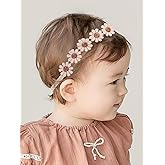 ICKEYOU Baby Girls Flower Crown Headband Lace Handmade Floral Headbands Soft Elastic Band Daisy Hairband Newborn Infant Toddler Kids for Christening Baptism Birthday Party (Pink, Daisy)