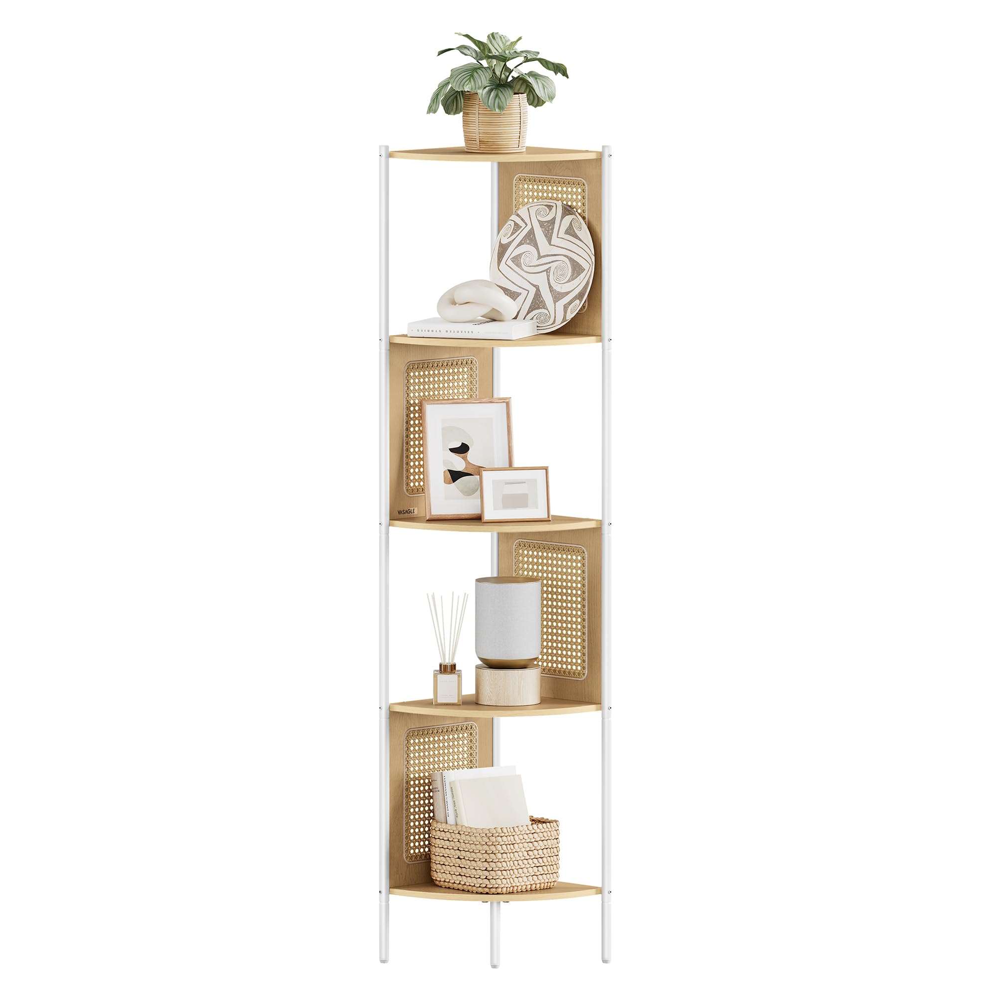 Photo 1 of VASAGLE 5-Tier Corner Shelf Stand, Boho Corner Bookshelf with Polyrattan Sides, Plant Stand for Living Room Bedroom Study Kitchen, Oak Beige ULLS588Y57