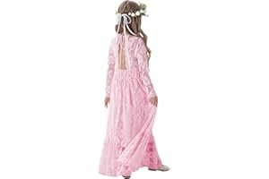 ALLOVIN Long Sleeve Boho Lace Flower Girl Dress, A-Line Ruffle Wedding Baptism Party Dress for Girls 3-12 Years