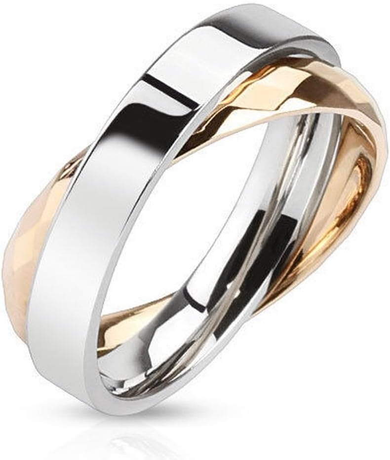 Vooxoo Fashion Design Stainless Steel Dual Plain And Faceted Rose Golden Band Ring Size 5-9