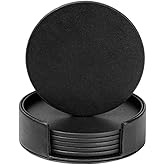 KEMMPER Drink Coasters Set of 6 Leather Coasters Spill Protection for Table Desk,Durable and Non Slip Leather Coaster Perfect for Common Size Glass Coffee Cup & Mug,4 Inches(Round Black Coasters)