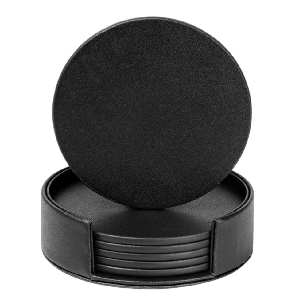 RICHSUM Drink Coasters Set of 6 Leather Coasters Spill Protection for Table Desk,Durable and Non Slip Leather Coaster Perfect for Common Size Glass Coffee Cup & Mug,4 Inches,Black Round