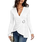 Womens Long Sleeve Deep V Neck Tops, Going Out Asymmetrical Hem Slim Fit Fall Y2k Shirts