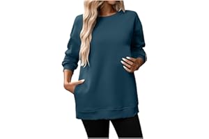 Women Sweatshirt with Pockets Plain Crewneck Long Sleeve Pullover Fall Winter Fleece Tunic Shirts No Hood Sweater Top