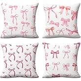 2PCs Pink Bow Pillow Covers Coquette Trendy Preppy Throw Pillow Covers 18x18 Pillowcases Pink Bows Decorative Aesthetic Design Room Decoration for Girly Bedroom Girls Room Sofa Car Couch