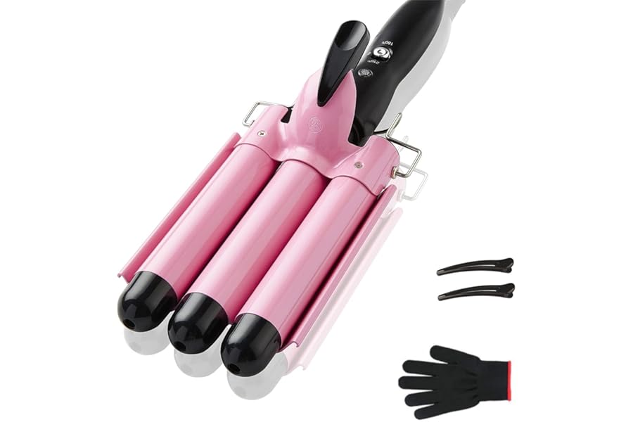 TOP4EVER 3 Barrel Curling Iron, 1 inch Crimper Hair Tool,Crimping Waver for Women Beach Waves with Two Temperature Settings, Pink