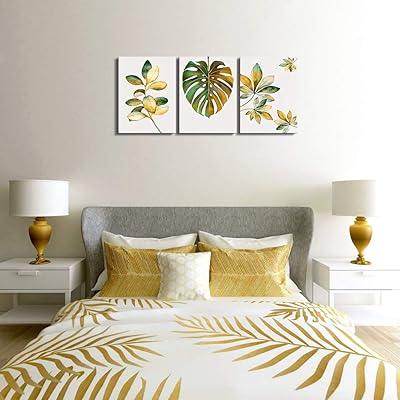 Buy Serimino 3 Piece Palm Leaf Canvas Wall Art For Living Room Green Yellow And Gold Simple Bathroom Decor Art Wall For Bedroom Tropical Leaves Office Dining Room Paintings Kitchen Prints For