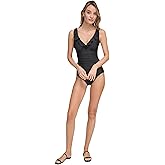 DKNY Womens Ruffle V-Neck One Piece Swimsuit with Tummy Control