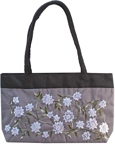Amazon ノーブランド品 ビーズ 刺繍 バッグ 小花 ツートン シルク ベトナム製 ブラウングレー ノーブランド品 トート バッグ