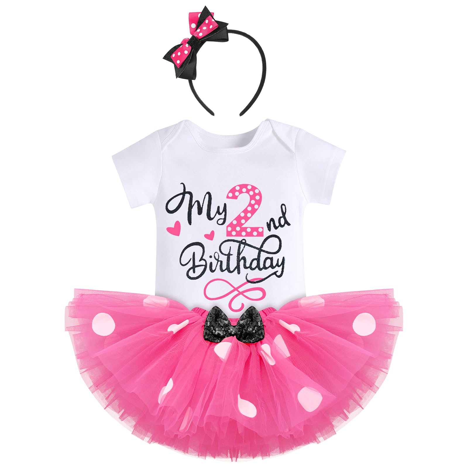 Photo 1 of IBTOM CASTLE Baby Girls One 1st Birthday Outfit Polka Dots Romper Tutu Dress Sequin Bowknot Headband Princess Skirt One Years Old Clothes Set for Kids Holiday Christmas Gift Hot Pink-2nd Birthday 2y