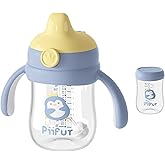 Piifur Tritan Sippy Cup with Storage Lid for 6-18 Months Leak Proof, Weighted Straw Learner Cup with Handle for Baby 8 Ounce (Blue)
