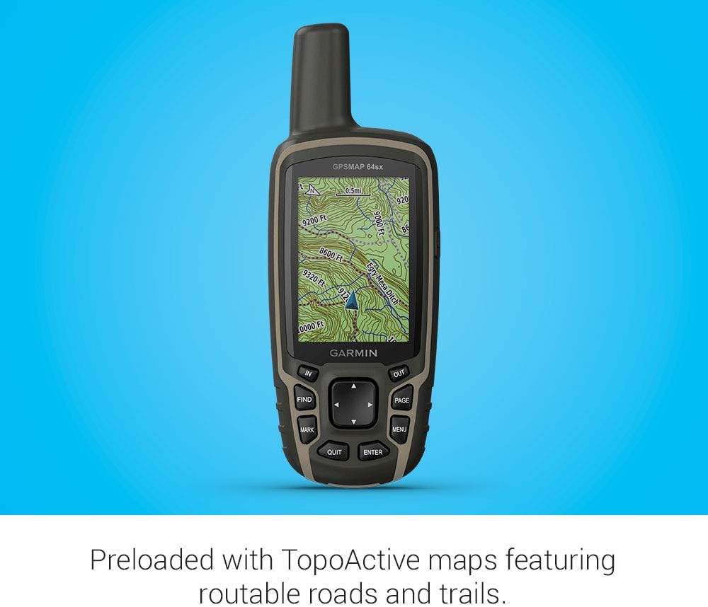Garmin GPSMAP 64sx, Handheld GPS with Altimeter and Compass, Preloaded With TopoActive Maps, Black/Tan