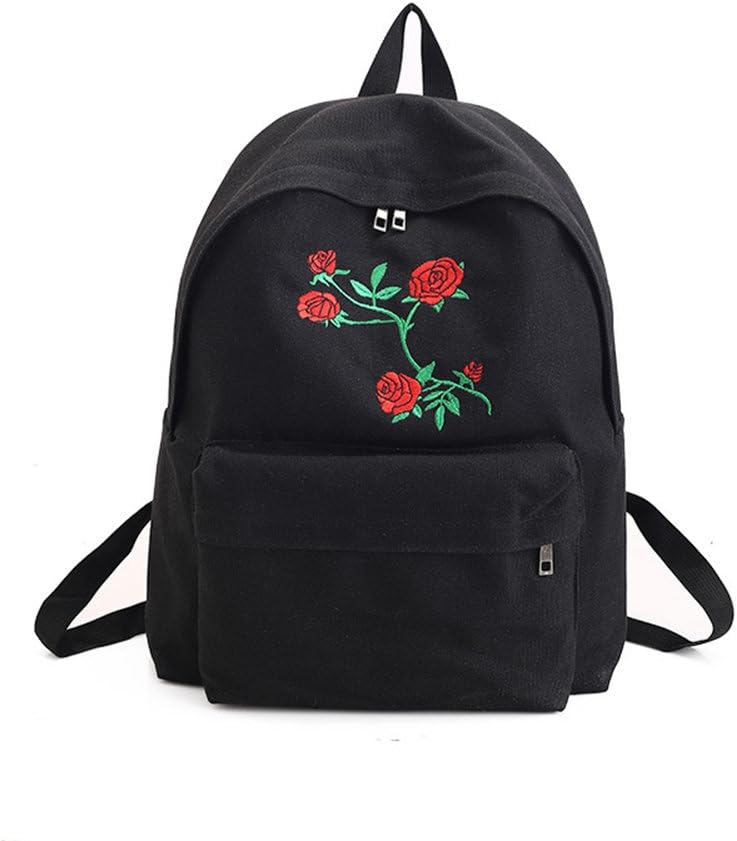 1xToruiwa School Backpack Embroidered Rose Pattern Canvas for Girls Boys Student Teens for Travel Bag College Bag 31 * 39 * 11cm (Black)