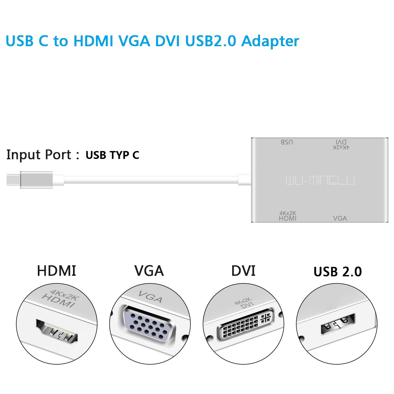 WU-MINGLU Thunderbolt 3 zu HDMI Adapter,4 in 1 Typ C zu HDMI DVI(4k*2k) VGA USB 2.0 USB C Multiports Konverter Ultra HD Display USB 3.1 Hub für MacBook/MacBook Pro,Samsung S8/S8+/S9,Dell XPS und mehr