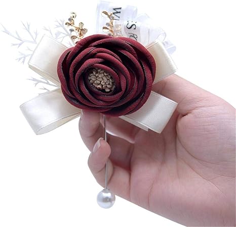 Amazon Linannau 新郎の花嫁ブートニアパールブローチ手作りの生地造花胸花 色 ワインレッド 造花 オンライン通販