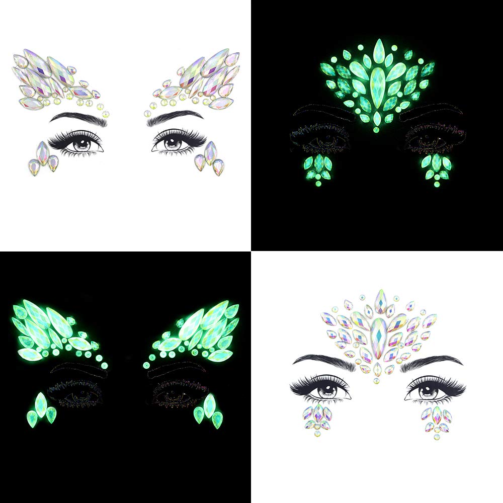 Noctilucent Face Gems Luminous makeup Temporary Tattoo Stickers Acrylic Crystal Glitter Stickers Face Jewels Rainbow Tears Rhinestone for Party, Rave Festival, Dress-up of ZLXIN(8 Pcs A Set)
