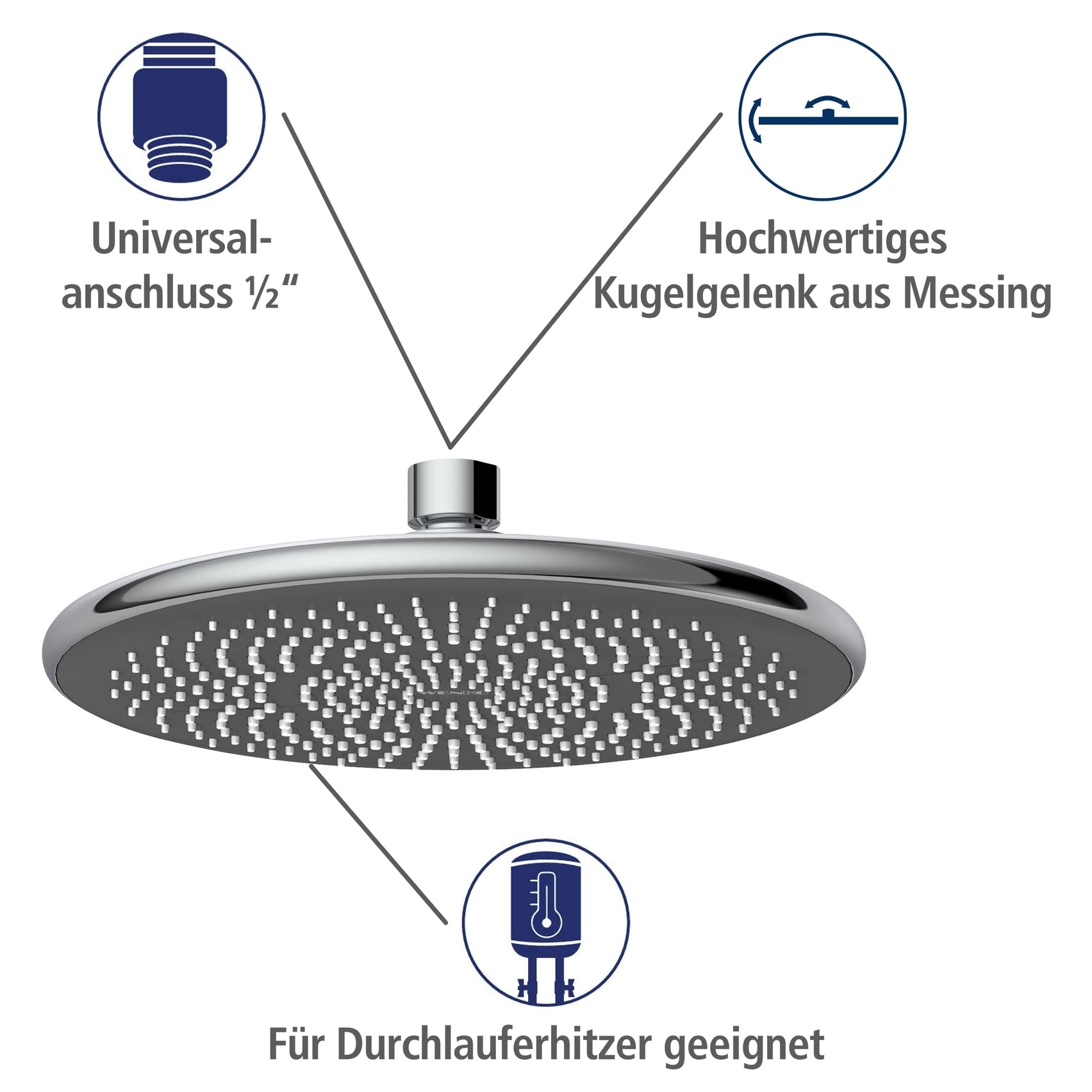 WENKO Wasserspar Regenduschkopf Watersaving, Kopfbrause mit Wasserspar-System, ABS, Chrom/Grau, rund, Ø 22,5 cm 6