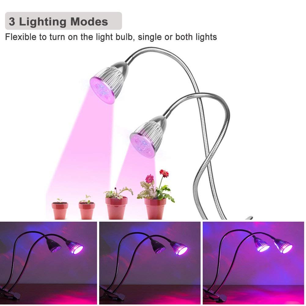 Grow Light + Timer Outlet , 10W Dual Head 360° Gooseneck LED Plant Lamp with Auto Power on / Off, Timing for Plants, Indoor Garden, Vegetable, Flowers, Fruits, Succulents, Seedlings Starting