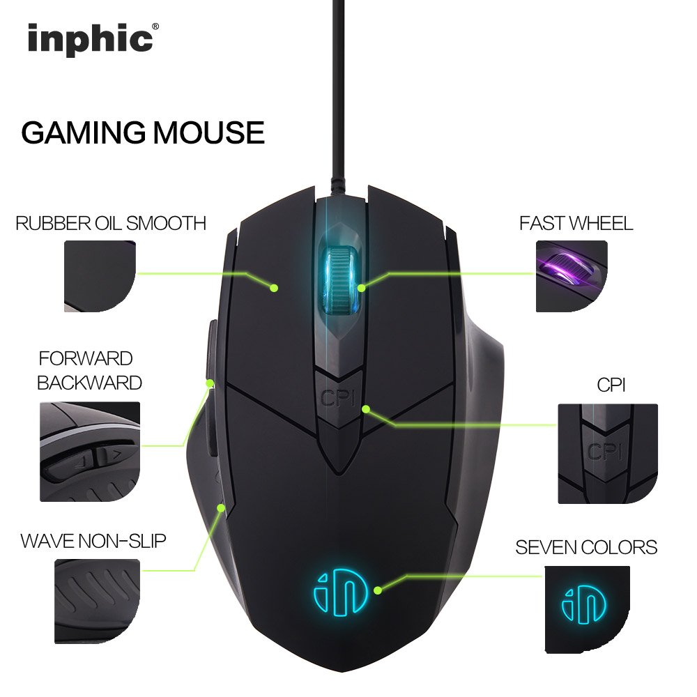 inphic Wired Computer Mouse Black Large USB Desktop Game Mice for Mac,DELL,HP PC/Laptop with Windows/XP Vista/, 6 Buttons 4 Adjustable DPI Levels, Breathing LED Light