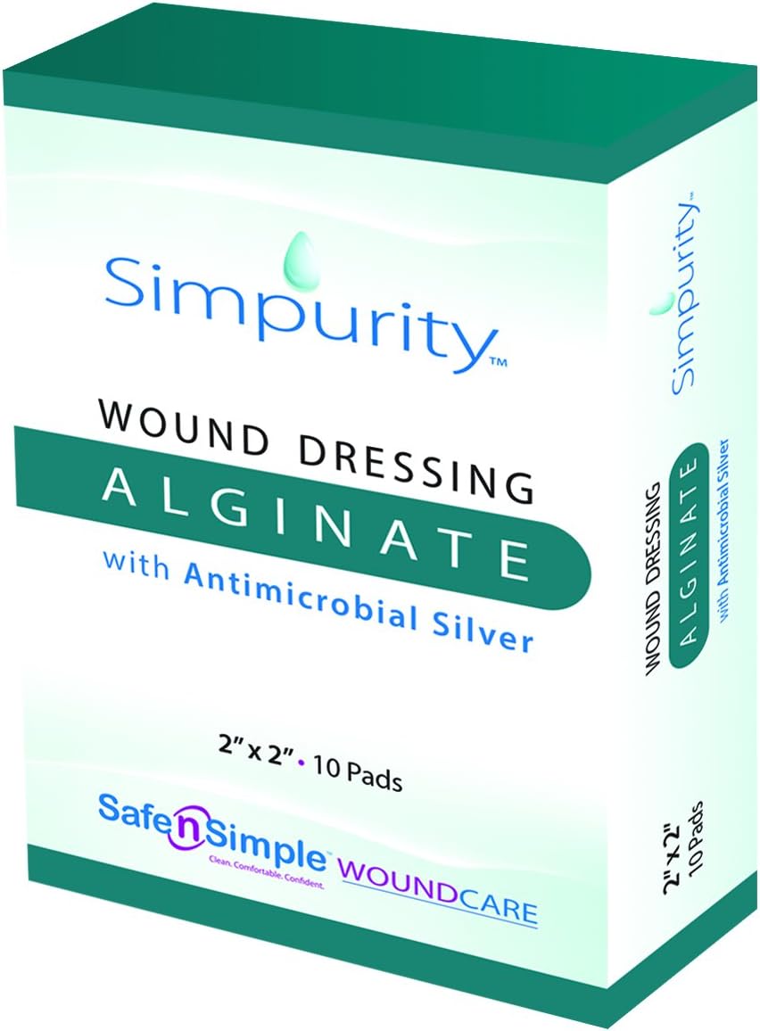 Simpurity Alginate Wound Dressing First Aid with Antimicrobial Silver, Box of Calcium Alginate Dressing, 2x2 Inch, 10 Count (Pack of 10)