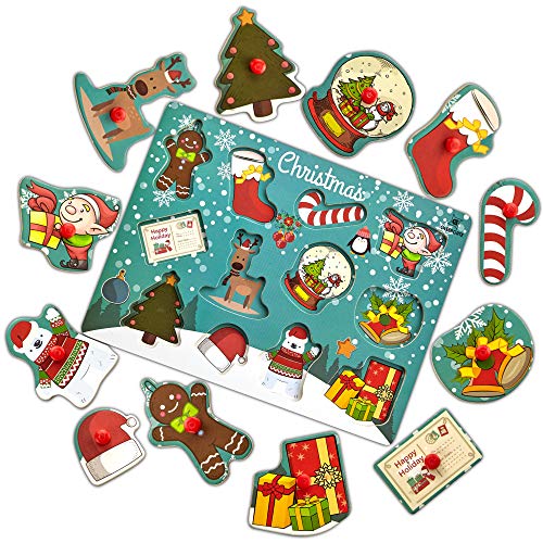 Gleeporte Wooden Peg Puzzle, Holiday Christmas Theme - Learning Educational Pegged Puzzle Boards for Toddler & Kids - Christmas (12 Pieces)