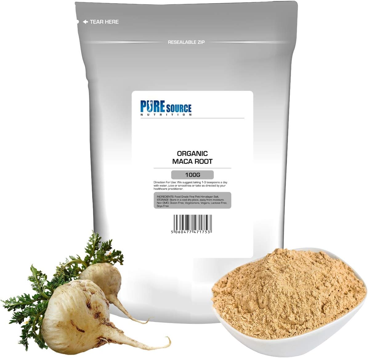 Pure Source Nutrition 100% Pure RAW Organic Maca Powder Certified Organic Vegan Peruvian Pure & Strong - 100G