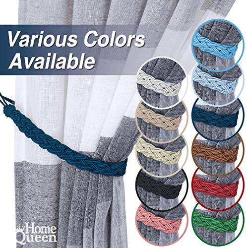 Home Queen Hand Braided Curtain Tie Back, Buckle Holdback Drapery Curtain Tiebacks, 2 Rope Belt Curtain Tie with 2 Metal Hooks, Navy - Thumbnail 5