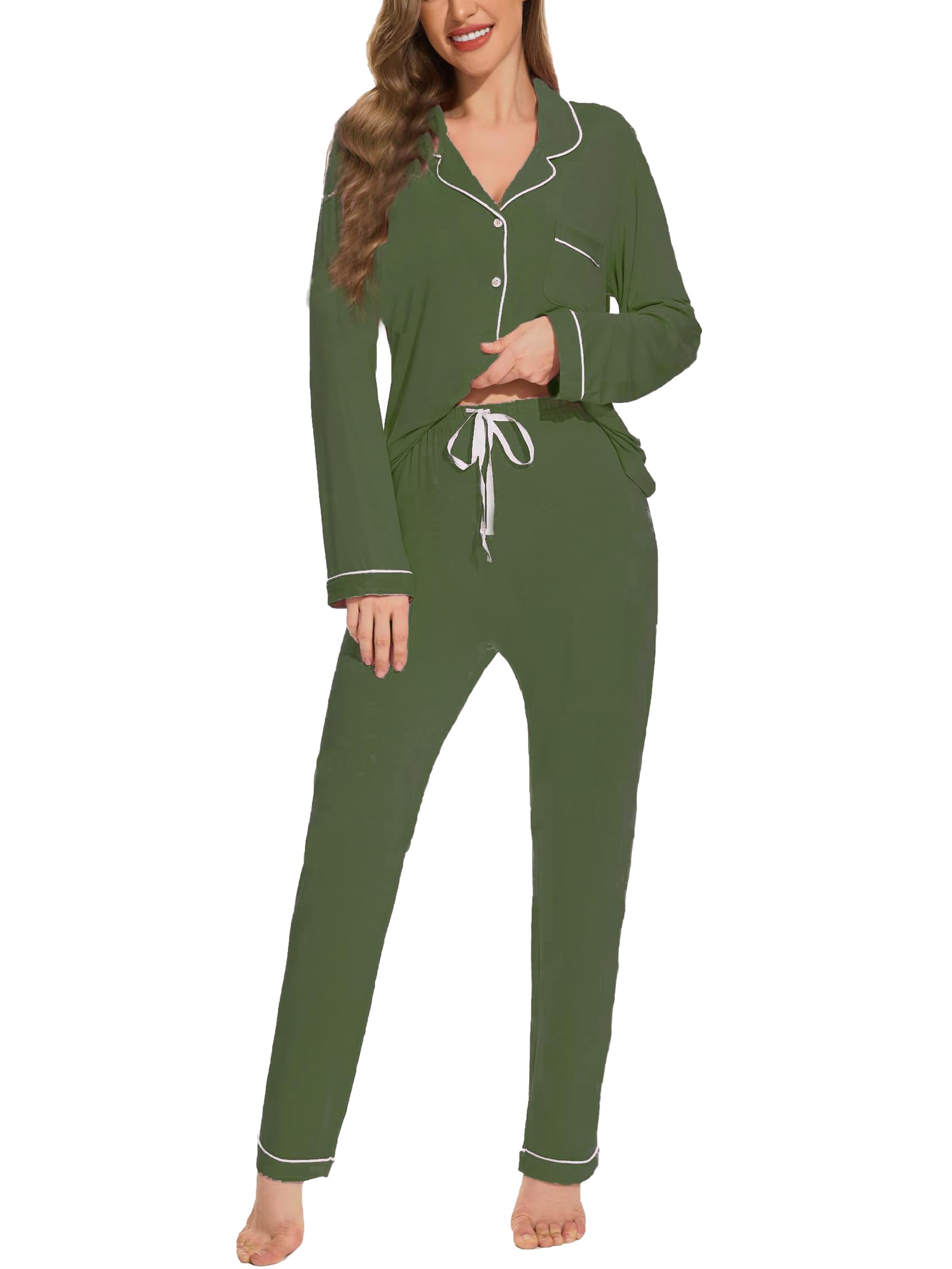 Yoolfine Womens Pjs Sets V-neck Sleepwear Long Sleeve Button Down Pajama Sets for Women, Olive Green, L Image