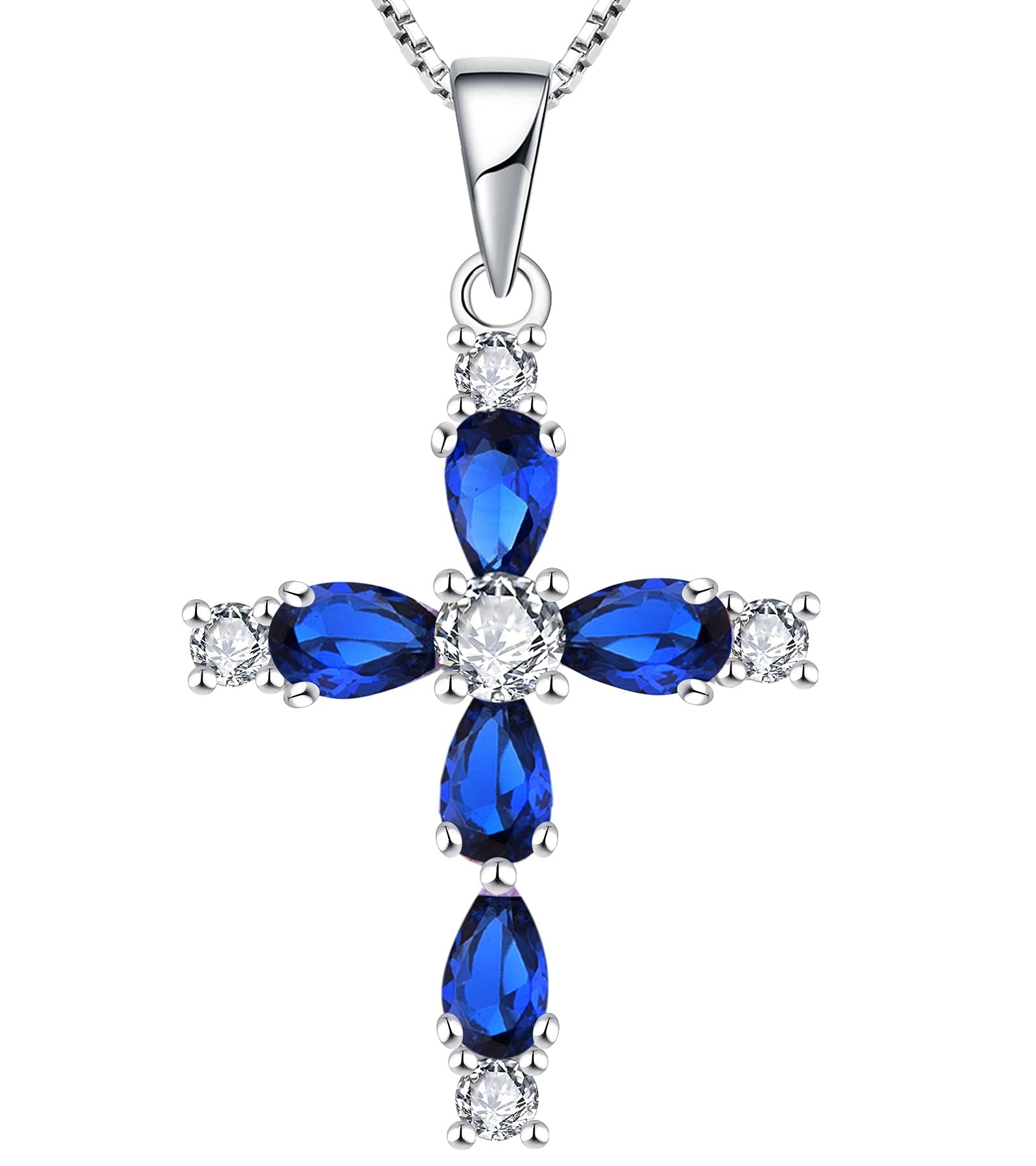 YL Cross Necklace 925 Sterling Silver September Birthstone Spinel Blue Crucifix Pendant Necklace Gifts for Mum Women, 45-48 CM
