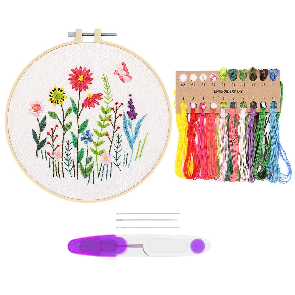 Full Range Embroidery Starter Kit with Pattern and Instructions, Embroidery Kits with Plastic Embroidery Hoops, Color Threads and Tools for Adults Beginners